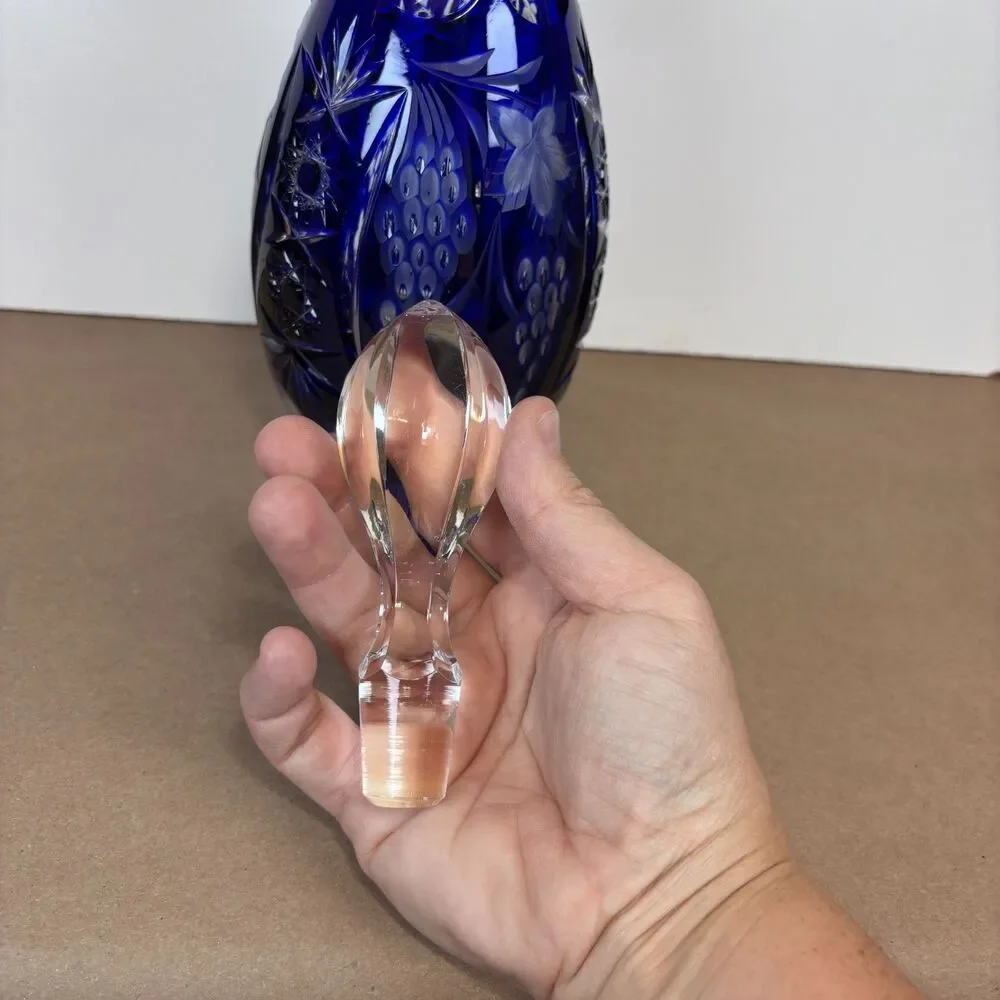 Tall Cobalt Blue Cut to Clear Crystal Decanter w/ Stopper 15” Bohemian Vintage